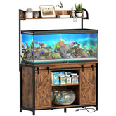 55-75 Gallon Fish Tank Stand with Power Outlets, Heavy Duty Metal Frame Aquarium Stand with Barn Door, Turtle Reptile Terrariums Stand, 1000LBS Capacity, Brown