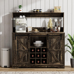 EOYUTLLY Coffee Bar Cabinet with Storage,47" Farmhouse Kitchen Buffet Sideboard with Sliding Barn Door and Adjustable Shelves,Liquor Cabinet Bar for Home,Dining Living Room, Dark Rustic Oak
