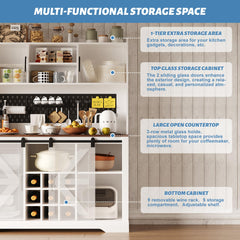 Coffee Bar Cabinet, 47" Farmhouse Sideboard Buffet Cabinet with Sliding Barn Door, Wine Rack & 6 Hooks, Wine Bar Cabinet for Home Dining Living Room, Dark Rustic Oak