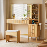 EOYUTLLY 48" Fluted Makeup Vanity Desk with 36" Mirror and Light,Modern Glass Top Vanity Table with Charging Station,5 Drawers, 3 Adjustable Shelves & 3 Color Lighting Mode, Bedroom Dressing Table,Oak