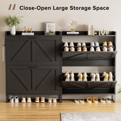 EOYUTLLY Shoe Cabinet Storage for Entryway, Narrow Shoe Rack Cabinet with 3 Flip Drawers & Coat Rack, Hidden Shoe Storage Cabinet, 2-in-1 Hall Tree Slim Freestanding Shoe Rack Organizer, Rustic Brown
