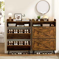 EOYUTLLY Shoe Storage Cabinet with 2 Flip Drawers & Open Shelf, Shoe Cabinet with Small Bench, Freestanding Shoe Organizer for Entryway, Narrow Shoe Rack with Legs, Rustic Brown