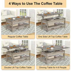 42'' Lift Top Coffee Table, 4-in-1 Multifunctional Lift Coffee Table with Storage & Hidden Compartments, Farmhouse Coffe Table with Lifting top for Living Room, Dining Reception Room, White