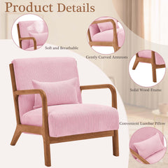 Mid Century Modern Accent Chairs, Upholstered Corduroy Fabric Lounge Arm Chair with Lumbar Cushion & Solid Wood Frame for for Living Room, Bedroom, Balcony, Camel