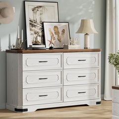 6 Drawer Dresser, 52" Wide Modern Chest of Drawers with Embossed Textures & Beveled Edges, Wood Double Dresser Farmhouse Storage Dressers Drawer Organizers for Bedroom, Living Room, Grey