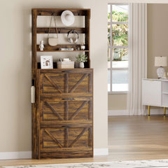 EOYUTLLY Shoe Cabinet Storage for Entryway, Narrow Shoe Rack Cabinet with 3 Flip Drawers & Coat Rack, Hidden Shoe Storage Cabinet, 2-in-1 Hall Tree Slim Freestanding Shoe Rack Organizer, Rustic Brown