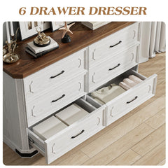 6 Drawer Dresser, 52" Wide Modern Chest of Drawers with Embossed Textures & Beveled Edges, Wood Double Dresser Farmhouse Storage Dressers Drawer Organizers for Bedroom, Living Room, Grey