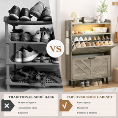EOYUTLLY Shoe Cabinet Storage for Entryway, Narrow Shoe Rack Cabinet with 2 Flip Drawers, Freestanding Hidden Shoe Rack Storage Organizer (with Light, Grey)