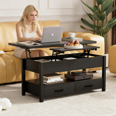 42'' Lift Top Coffee Table, 4-in-1 Multifunctional Lift Coffee Table with Storage & Hidden Compartments, Farmhouse Coffe Table with Lifting top for Living Room, Dining Reception Room, White