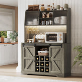 Coffee Bar Cabinet, 47" Farmhouse Sideboard Buffet Cabinet with Sliding Barn Door, Wine Rack & 6 Hooks, Wine Bar Cabinet for Home Dining Living Room, Dark Rustic Oak