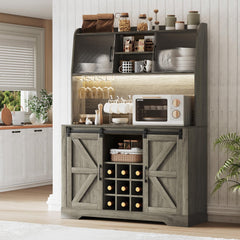 Coffee Bar Cabinet, 47" Farmhouse Sideboard Buffet Cabinet with Sliding Barn Door, Wine Rack & 6 Hooks, Wine Bar Cabinet for Home Dining Living Room, Dark Rustic Oak