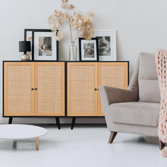 EOYUTLLY Black Fluted Buffet Cabinet,Wood Sideboard Buffet Cabinet with Adjustable Shelf, Fluted Accent Cabinet with Rose Gold Colored Metal Legs, Storage Cabinet for Living Room,Dining Room,Kitchen