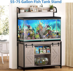 55-75 Gallon Fish Tank Stand with Power Outlets, Heavy Duty Metal Frame Aquarium Stand with Barn Door, Turtle Reptile Terrariums Stand, 1000LBS Capacity, Grey