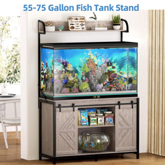 55-75 Gallon Fish Tank Stand with Power Outlets, Heavy Duty Metal Frame Aquarium Stand with Barn Door, Turtle Reptile Terrariums Stand, 1000LBS Capacity, Brown