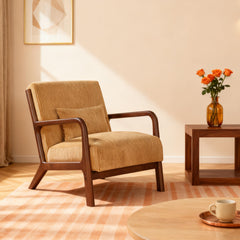 Mid Century Modern Accent Chairs, Upholstered Corduroy Fabric Lounge Arm Chair with Lumbar Cushion & Solid Wood Frame for for Living Room, Bedroom, Balcony, Camel