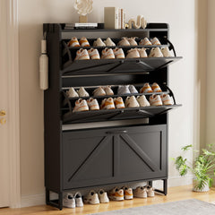 EOYUTLLY Shoe Cabinet Storage for Entryway, Narrow Shoe Rack Cabinet with 3 Flip Drawers & Coat Rack, Hidden Shoe Storage Cabinet, 2-in-1 Hall Tree Slim Freestanding Shoe Rack Organizer, Rustic Brown