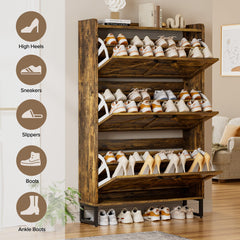 EOYUTLLY Shoe Cabinet for Entryway with 2 Flip Drawers,Narrow Wooden Shoe Storage Cabinet with Metal Legs,Hold 24 Pairs, 4-Tier Adjustable Shelves–Freestanding Hidden Shoe Organizer for Hallway, Foyer