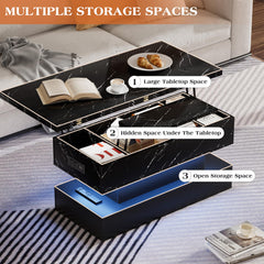 Lift Top Coffee Table with Charging Station, Modern High Glossy LED Coffee Table with Storage, 3 in 1 Multifunctional Coffee Table with Hidden Compartments for Living Room, White