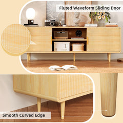 TV Stand for 65 Inch TV, Fluted TV Stand with Curved Profile Design, Wood Entertainment Center TV Console Table with Sliding Doors & Adjustable Shelves, TV Stand for Living Room Bedroom, Natural
