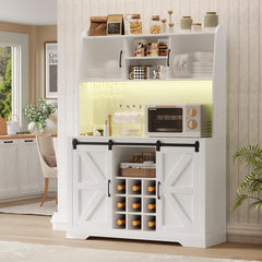 Coffee Bar Cabinet, 47" Farmhouse Sideboard Buffet Cabinet with Sliding Barn Door, Wine Rack & 6 Hooks, Wine Bar Cabinet for Home Dining Living Room, Dark Rustic Oak