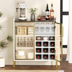 Coffee Bar Cabinet with Aluminum Frame Glass Door, Black Wine Bar & Liquor Cabinet, Modern Black Sideboard Buffet Cabinet with Storage for Kitchen, Dining Room & Living Room