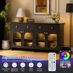 Buffet Cabinet with Storage and LED Light, 55” Sideboard Buffet Cabinet with 4 Glass Doors & 2 Drawers & Adjustable, Modern Credenza Coffee Bar Cabinets Buffets Table for Kitchen, Dining Room, Grey