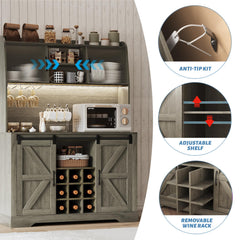 Coffee Bar Cabinet, 47" Farmhouse Sideboard Buffet Cabinet with Sliding Barn Door, Wine Rack & 6 Hooks, Wine Bar Cabinet for Home Dining Living Room, Dark Rustic Oak