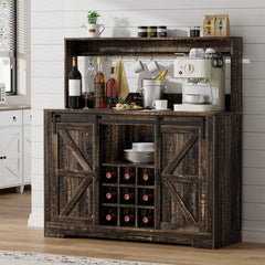 EOYUTLLY Coffee Bar Cabinet with Storage,47" Farmhouse Kitchen Buffet Sideboard with Sliding Barn Door and Adjustable Shelves,Liquor Cabinet Bar for Home,Dining Living Room, Dark Rustic Oak