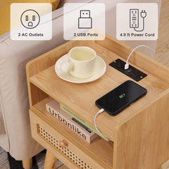 EOYUTLLY Nightstand Set of 2, End Table with Charging Station and Drawer Storage, Bedside Table with USB Ports Modern Side Table for Living Room, Bedroom and Small Space, Natural