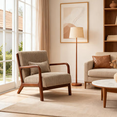 Mid Century Modern Accent Chairs, Upholstered Corduroy Fabric Lounge Arm Chair with Lumbar Cushion & Solid Wood Frame for for Living Room, Bedroom, Balcony, Camel