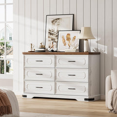 6 Drawer Dresser, 52" Wide Modern Chest of Drawers with Embossed Textures & Beveled Edges, Wood Double Dresser Farmhouse Storage Dressers Drawer Organizers for Bedroom, Living Room, Grey