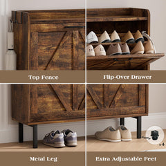 EOYUTLLY Shoe Cabinet Storage for Entryway, Narrow Shoe Rack Cabinet with 3 Flip Drawers & Coat Rack, Hidden Shoe Storage Cabinet, 2-in-1 Hall Tree Slim Freestanding Shoe Rack Organizer, Rustic Brown