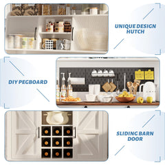 Coffee Bar Cabinet, 47" Farmhouse Sideboard Buffet Cabinet with Sliding Barn Door, Wine Rack & 6 Hooks, Wine Bar Cabinet for Home Dining Living Room, Dark Rustic Oak