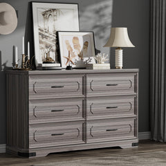 6 Drawer Dresser, 52" Wide Modern Chest of Drawers with Embossed Textures & Beveled Edges, Wood Double Dresser Farmhouse Storage Dressers Drawer Organizers for Bedroom, Living Room, Grey