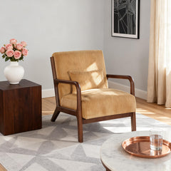 Mid Century Modern Accent Chairs, Upholstered Corduroy Fabric Lounge Arm Chair with Lumbar Cushion & Solid Wood Frame for for Living Room, Bedroom, Balcony, Camel