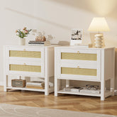 Set of 2 White Rattan Nightstands Side Tables Bedroom with 2 Drawers Tall Bedside Table Large Rattan Nightstand with Large Capacity & Storage Shelf Night Stand with Solid Wooden Leg