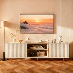 TV Stand for 65 Inch TV, Fluted TV Stand with Curved Profile, Modern Entertainment Center TV Console Table with Sliding Doors & Adjustable Shelves, TV Stands for Living Room Bedroom, Black