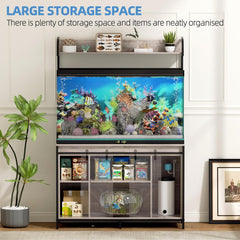 55-75 Gallon Fish Tank Stand with Power Outlets, Heavy Duty Metal Frame Aquarium Stand with Barn Door, Turtle Reptile Terrariums Stand, 1000LBS Capacity, Grey