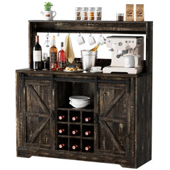 Coffee Bar Cabinet, 47" Farmhouse Sideboard Buffet Cabinet with Sliding Barn Door, Wine Rack & 6 Hooks, Wine Bar Cabinet for Home Dining Living Room, Dark Rustic Oak