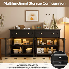 Buffet Cabinet with Storage and LED Light, 55” Sideboard Buffet Cabinet with 4 Glass Doors & 2 Drawers & Adjustable, Modern Credenza Coffee Bar Cabinets Buffets Table for Kitchen, Dining Room, Grey