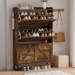 EOYUTLLY Shoe Cabinet Storage for Entryway, Narrow Shoe Rack Cabinet with 3 Flip Drawers & Coat Rack, Hidden Shoe Storage Cabinet, 2-in-1 Hall Tree Slim Freestanding Shoe Rack Organizer, Rustic Brown