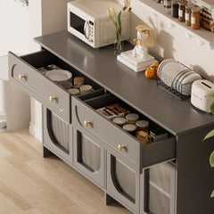 Buffet Cabinet with Storage and LED Light, 55” Sideboard Buffet Cabinet with 4 Glass Doors & 2 Drawers & Adjustable, Modern Credenza Coffee Bar Cabinets Buffets Table for Kitchen, Dining Room, Grey