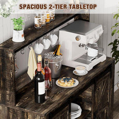 Coffee Bar Cabinet, 47" Farmhouse Sideboard Buffet Cabinet with Sliding Barn Door, Wine Rack & 6 Hooks, Wine Bar Cabinet for Home Dining Living Room, Dark Rustic Oak