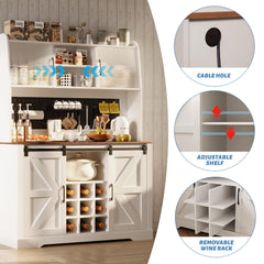 Coffee Bar Cabinet, 47" Farmhouse Sideboard Buffet Cabinet with Sliding Barn Door, Wine Rack & 6 Hooks, Wine Bar Cabinet for Home Dining Living Room, Dark Rustic Oak