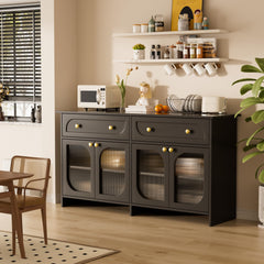 Buffet Cabinet with Storage and LED Light, 55” Sideboard Buffet Cabinet with 4 Glass Doors & 2 Drawers & Adjustable, Modern Credenza Coffee Bar Cabinets Buffets Table for Kitchen, Dining Room, Grey