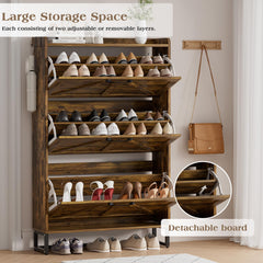 EOYUTLLY Shoe Cabinet Storage for Entryway, Narrow Shoe Rack Cabinet with 3 Flip Drawers & Coat Rack, Hidden Shoe Storage Cabinet, 2-in-1 Hall Tree Slim Freestanding Shoe Rack Organizer, Rustic Brown