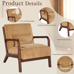 Mid Century Modern Accent Chairs, Upholstered Corduroy Fabric Lounge Arm Chair with Lumbar Cushion & Solid Wood Frame for for Living Room, Bedroom, Balcony, Camel