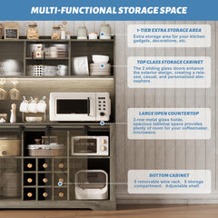 Coffee Bar Cabinet, 47" Farmhouse Sideboard Buffet Cabinet with Sliding Barn Door, Wine Rack & 6 Hooks, Wine Bar Cabinet for Home Dining Living Room, Dark Rustic Oak