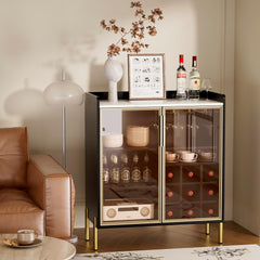 Coffee Bar Cabinet with Aluminum Frame Glass Door, Black Wine Bar & Liquor Cabinet, Modern Black Sideboard Buffet Cabinet with Storage for Kitchen, Dining Room & Living Room