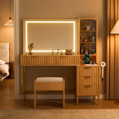 EOYUTLLY 48" Fluted Makeup Vanity Desk with 36" Mirror and Light,Modern Glass Top Vanity Table with Charging Station,5 Drawers, 3 Adjustable Shelves & 3 Color Lighting Mode, Bedroom Dressing Table,Oak